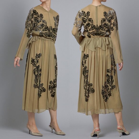 VINCE Silk Devore Crepe Velvet Burnout Floral Bohemian Midi Dress \\ 8 - Picture 2 of 15